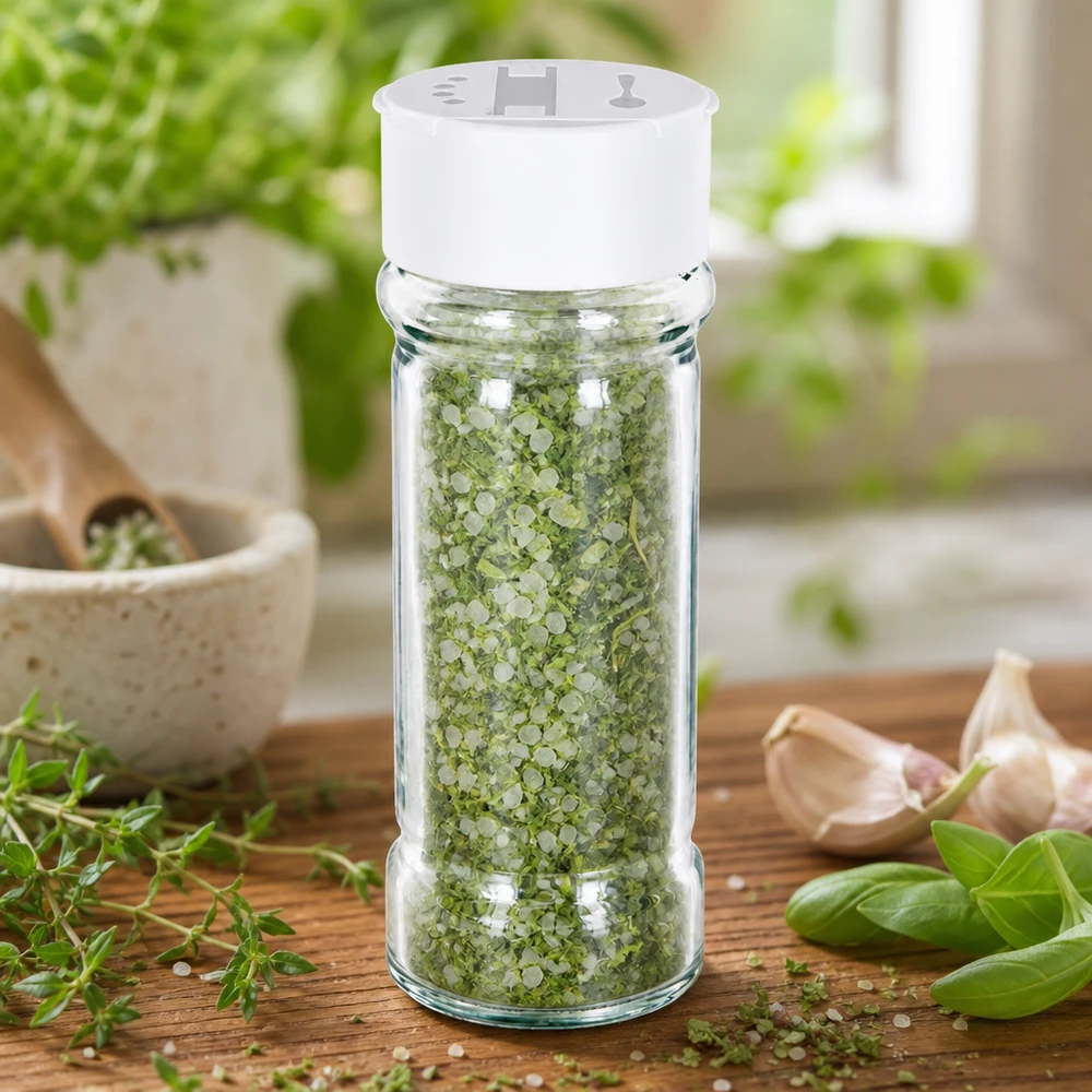 Frasco para especiarias de 100 ml com espalhador duplo branco, cheio de sal com ervas e rodeado de ervas frescas
