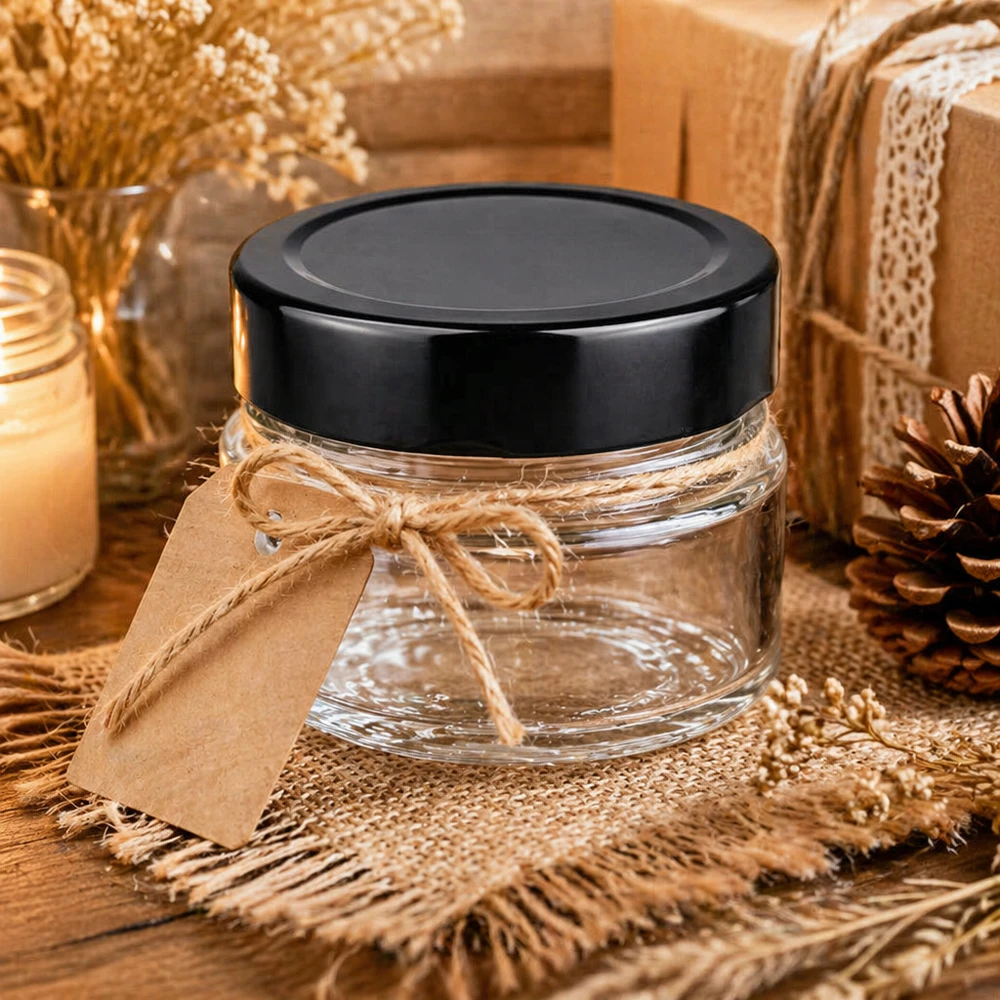 Frasco de vidro redondo de 80 ml preto transparente para cosméticos frasco decorativo com fita de oferta decoração natural BasicSeal