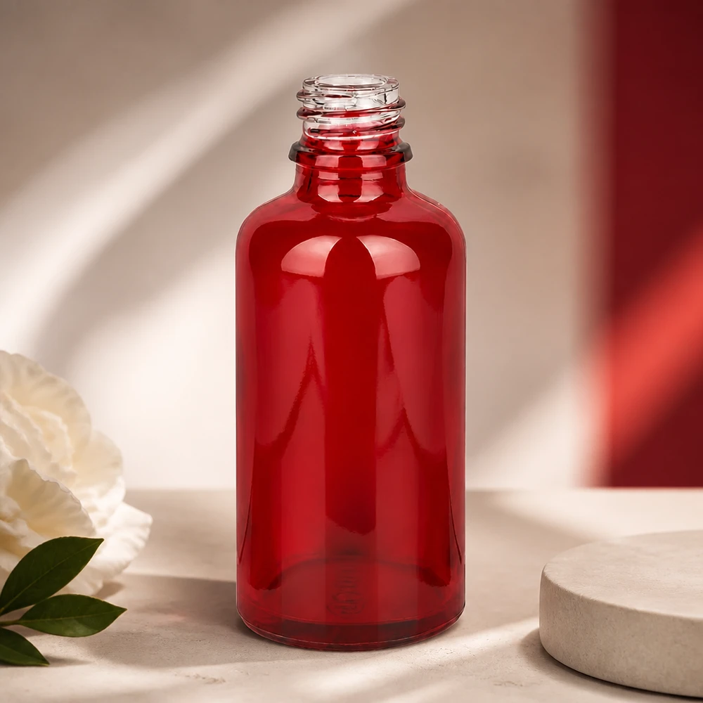 Frasco de farmácia de 50 ml RedLine UT18/50 UNiTWIST Frasco de vidro vermelho transparente RedLine UT18/50 UNiTWIST com uma visão clara do conteúdo