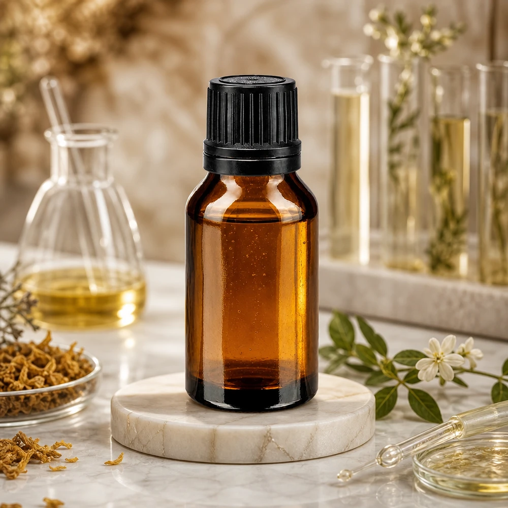 Frasco de farmácia de 15 ml em vidro castanho com tampa de plástico preta, assente num pedestal de mármore com ervas