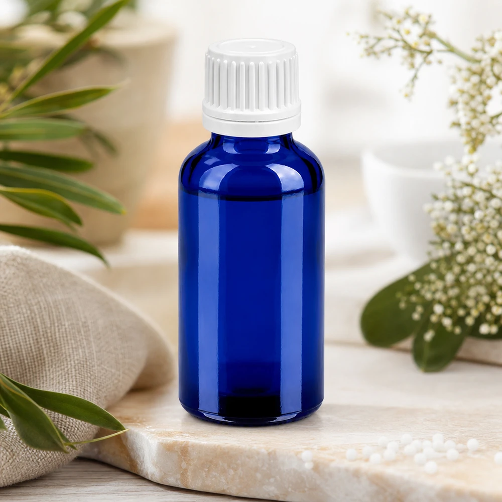 Frasco compacto de vidro azul de 30 ml com tampa branca, ideal para viajar e estar em movimento