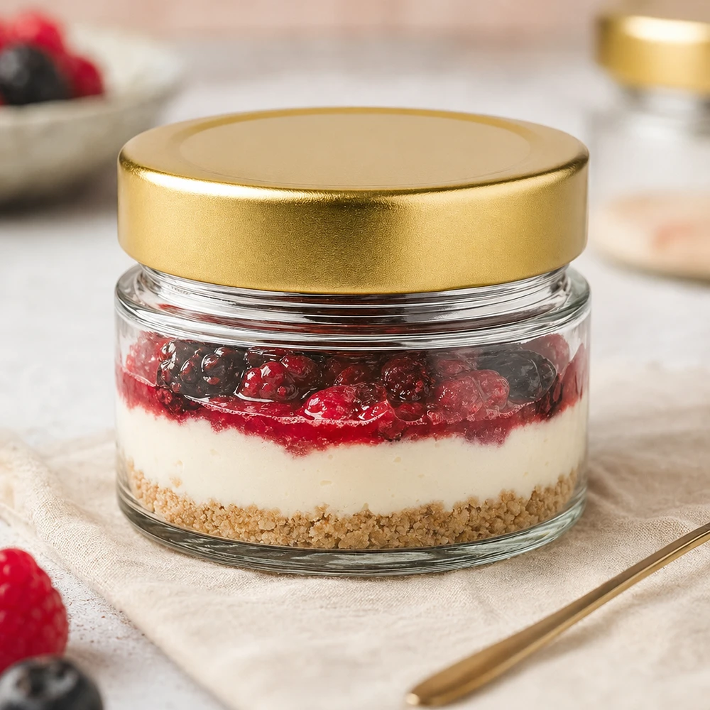 Copo redondo de 80 ml com tampa BasicSeal dourado profundo como copo de sobremesa com cheesecake e bagas numa decoração de mesa elegante