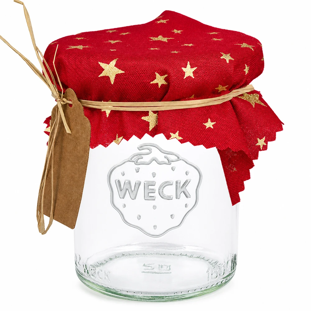 Pano de cozinha para jóias vermelho "estrelas" quadrado de 12 cm Guardanapo de tecido vermelho com estrelas douradas quadrado de 12 cm no frasco de conserva WECK com laço e etiqueta