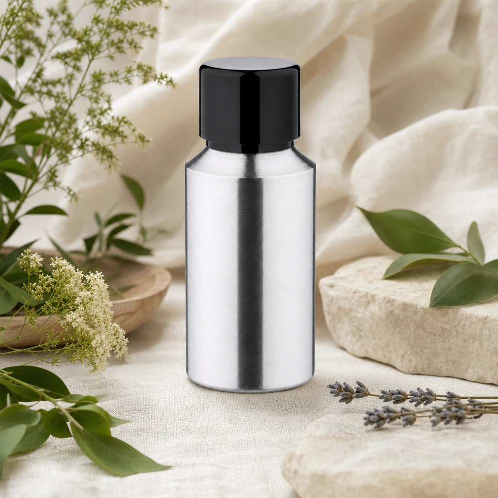 Frasco de alumínio de 30 ml de alta qualidade com superfície espelhada e tampa preta para produtos de qualidade superior