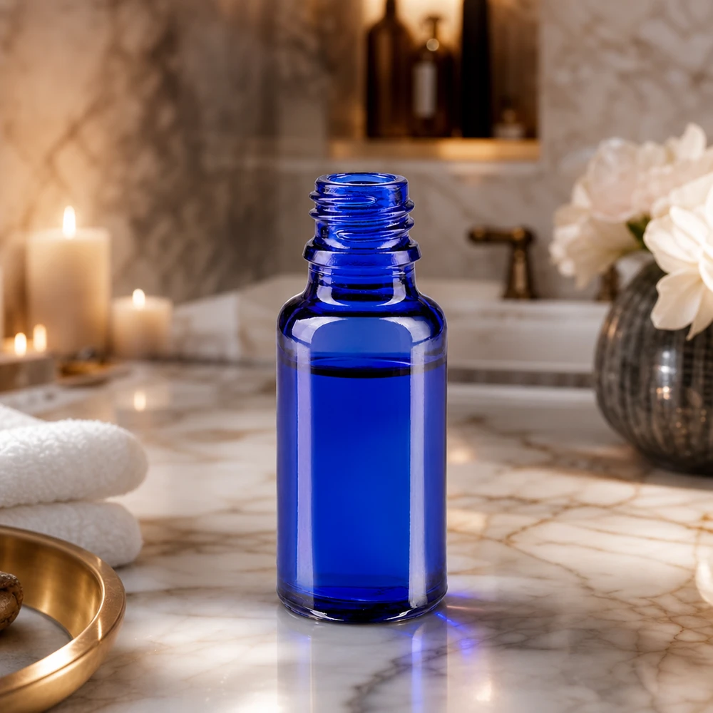 Elegante frasco ApoGlas de 20 ml em azul profundo para aplicações profissionais de cosmética e bem-estar