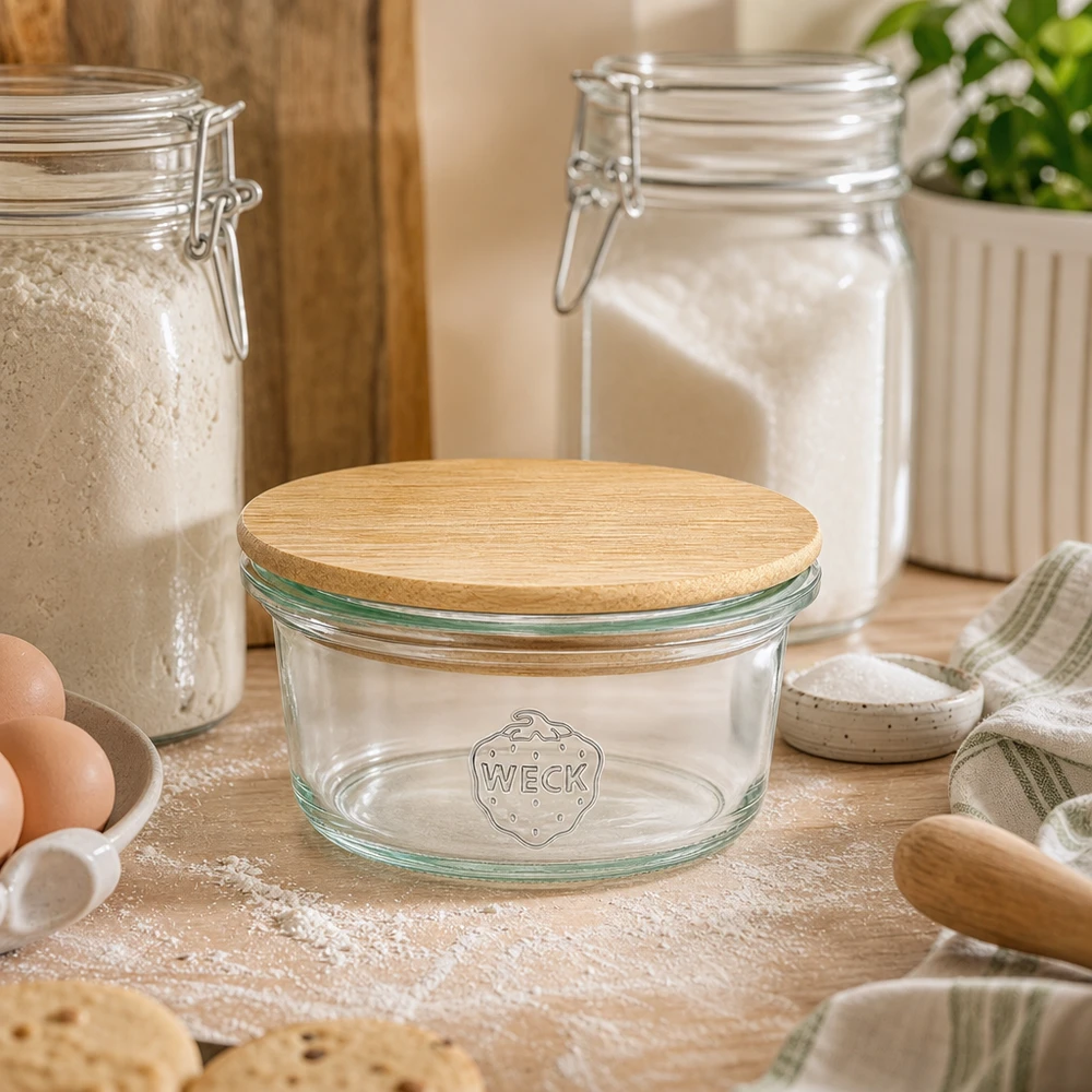 WECK Mini Sturzglas 50ml mit Bambusdeckel in gemütlicher Backstube zwischen Mehl, Eiern und Backutensilien auf Holzbrett