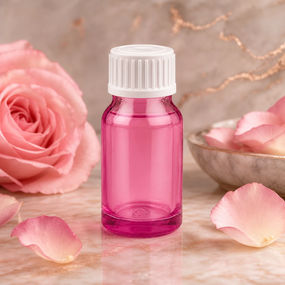 Frasco de vidro pequeno de 10 ml em violeta com tampa prática com conta-gotas para aplicações de aromaterapia