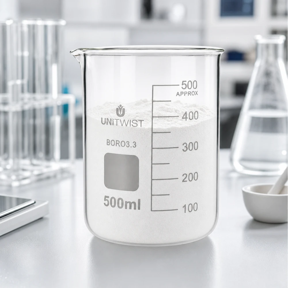 Copo de vidro UNiTWIST de 500 ml, BORO3.3, cheio de pó branco, num ambiente de laboratório
