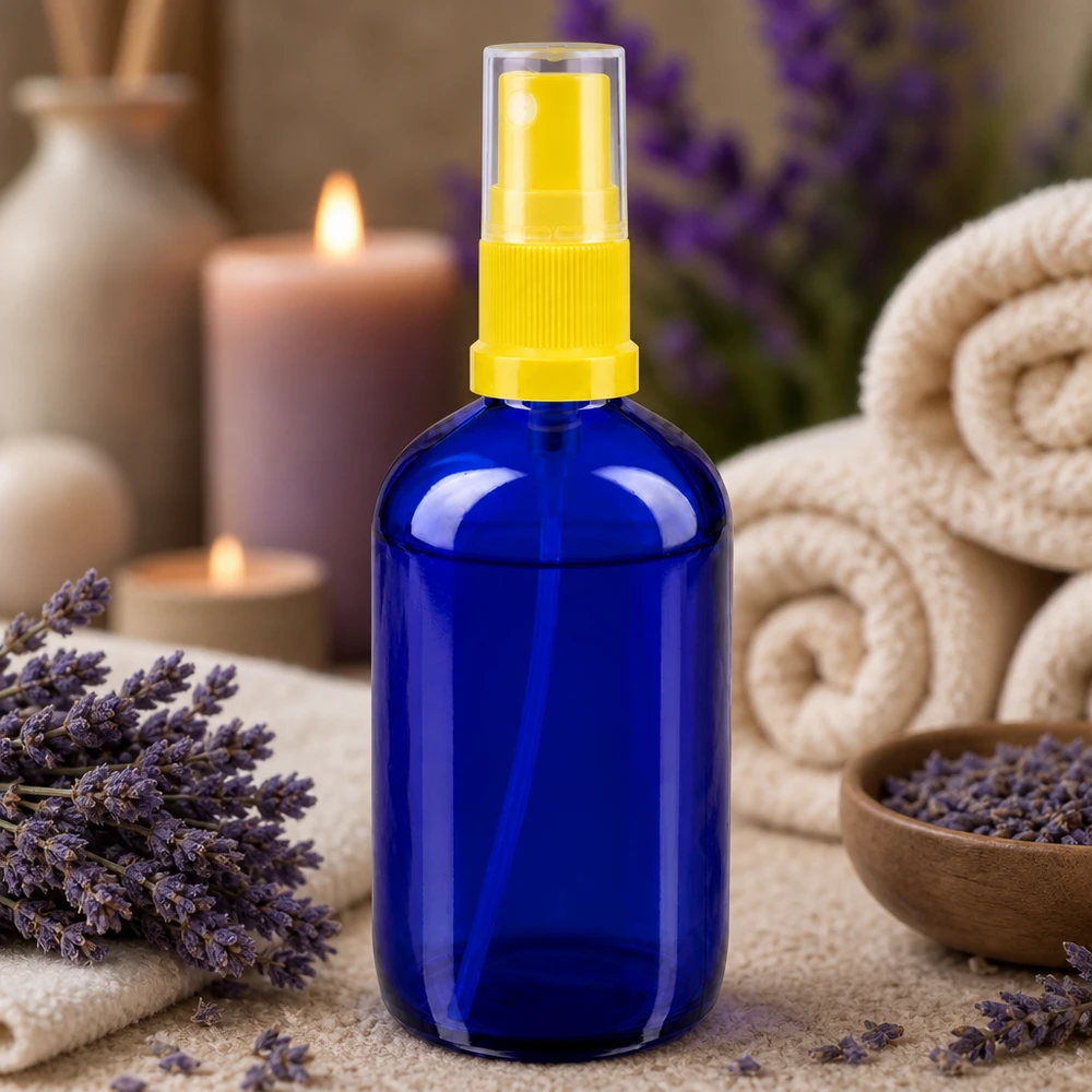 Pequeno frasco de vidro azul de 100 ml com um pulverizador amarelo, rodeado por lavanda e velas