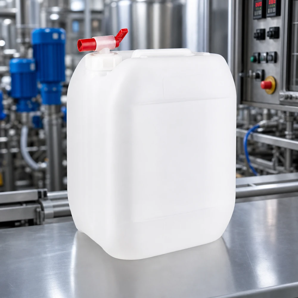 Recipiente industrial translúcido de 10 litros com torneira de drenagem vermelha, em frente a uma unidade de processamento de aço inoxidável