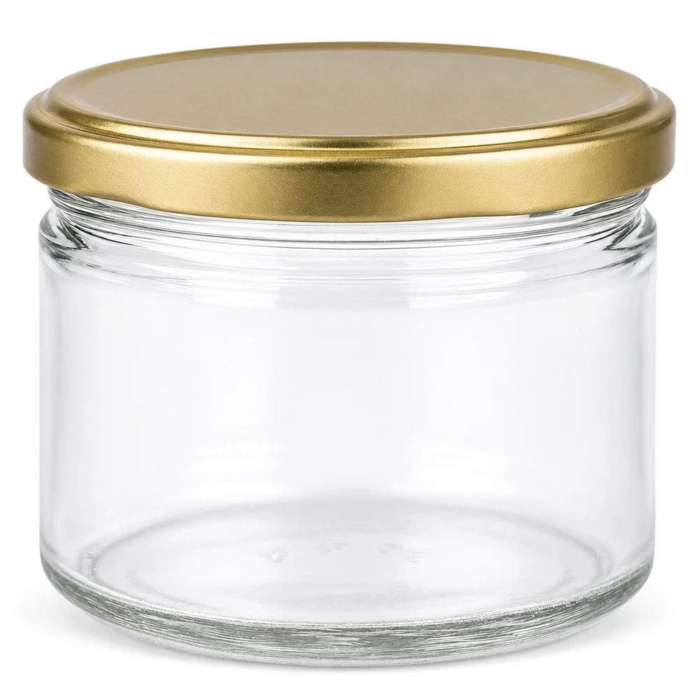 700g Honigglas mit goldenem Deckel BasicSeal UNiTWIST Frasco de mel de 700 g vazio com tampa de rosca dourada BasicSeal para compotas e conservas de mel em vidro transparente