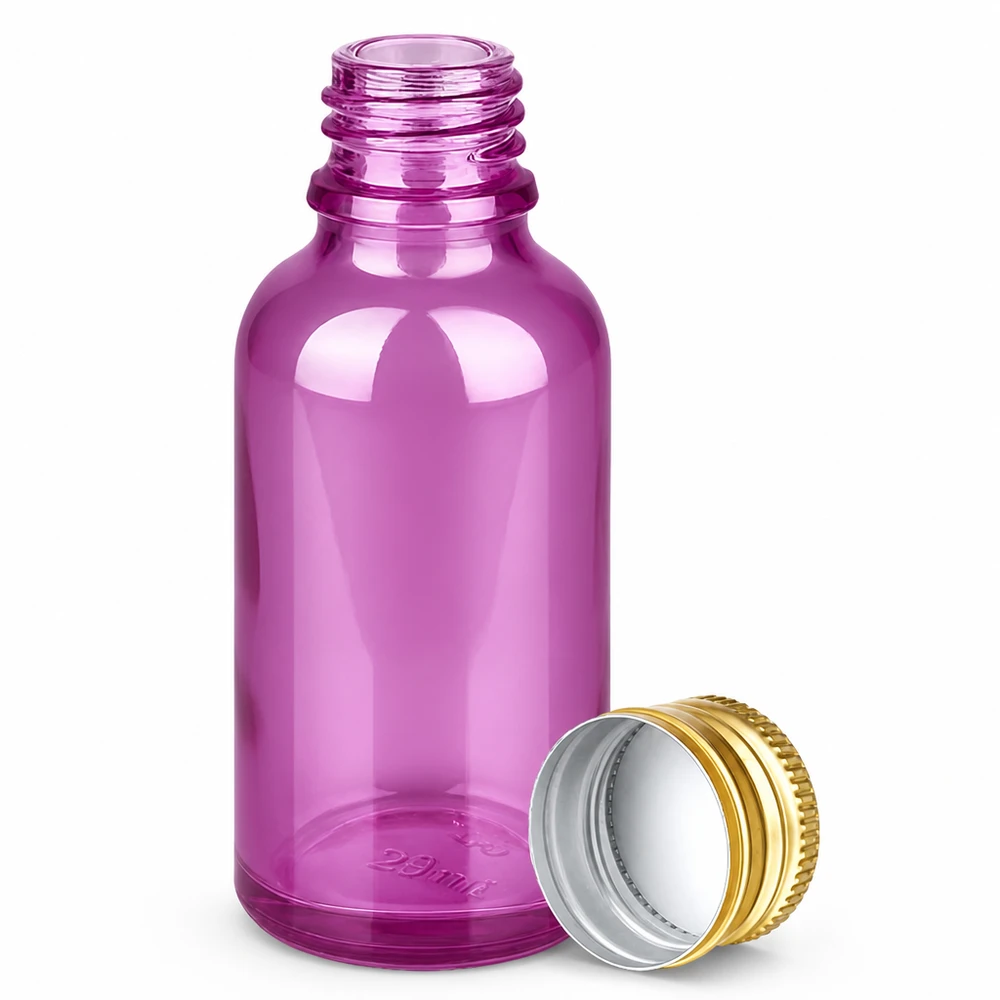Frasco de 30 ml com tampa de rosca de 11 mm em alumínio dourado padrão PurpleLine. UT18/30 Frasco conta-gotas de vidro violeta de 30 ml com rosca de 11 mm e tampa de alumínio dourada para óleos essenciais