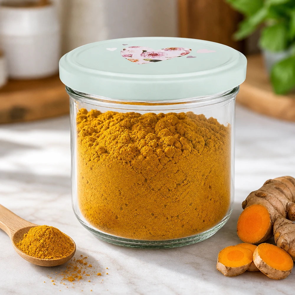 Copos de vidro de 260 ml + tampa BasicSeal coração menta UNiTWIST Frasco de vidro de 260 ml com tampa BasicSeal cheio de curcuma em pó, raízes frescas de curcuma e uma colher de pau ao lado