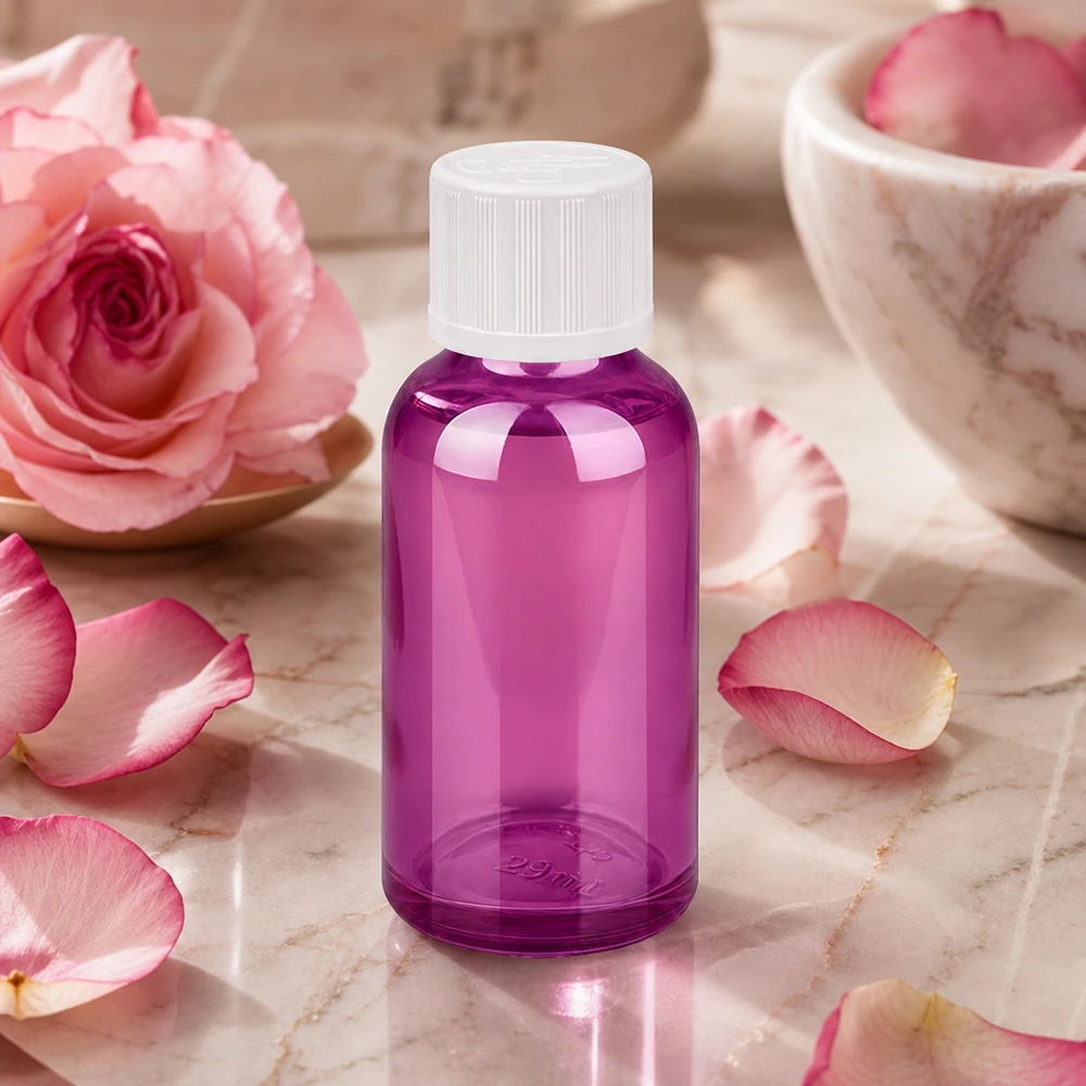 Frasco conta-gotas pequeno de 30 ml em plástico roxo com tampa de segurança para crianças para uma dosagem precisa