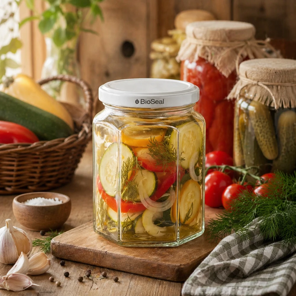 UNiTWIST Hexa288 frasco de conserva hexagonal cheio de pickles mistos sobre tábua de madeira em cozinha rústica