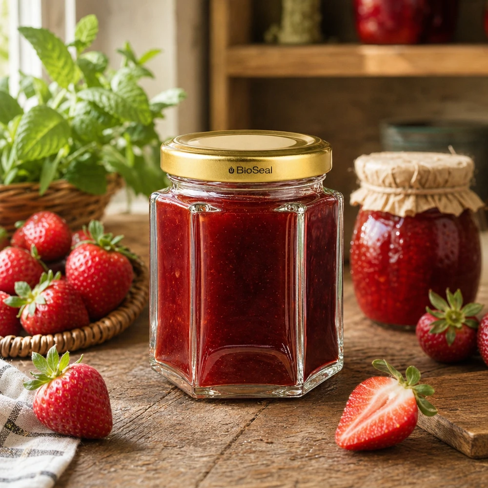 Frasco de mel BioSeal de 60 g cheio de compota de morango num cenário de cozinha com morangos frescos e hortelã