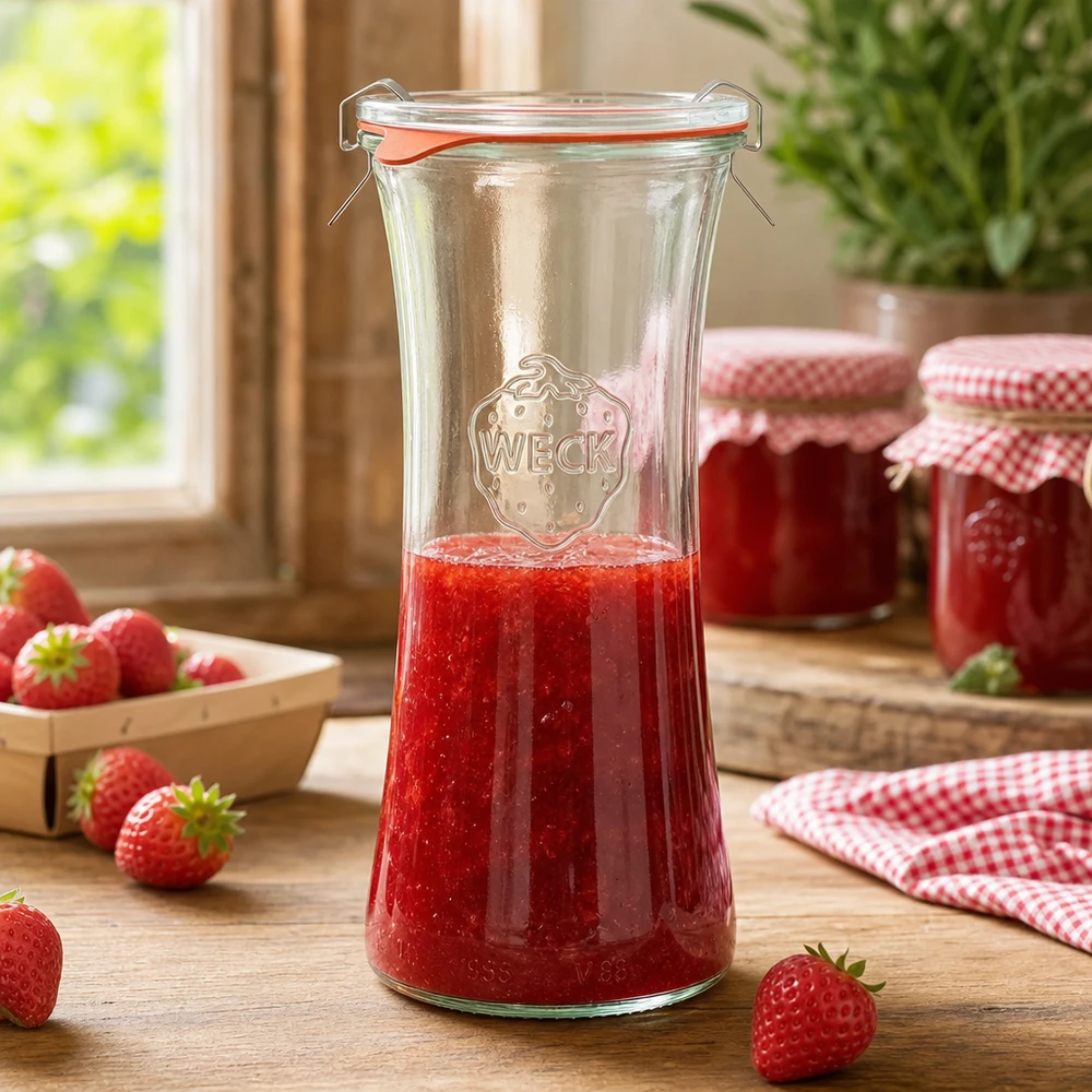 WECK RR80 Frasco de charcutaria de 700 ml cheio de compota de morango, frasco de conserva com tampa basculante em cena de cozinha