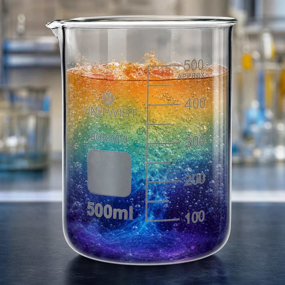 Copo de vidro UNiTWIST de 500 ml, em borossilicato, de formato baixo, com um colorido efeito arco-íris