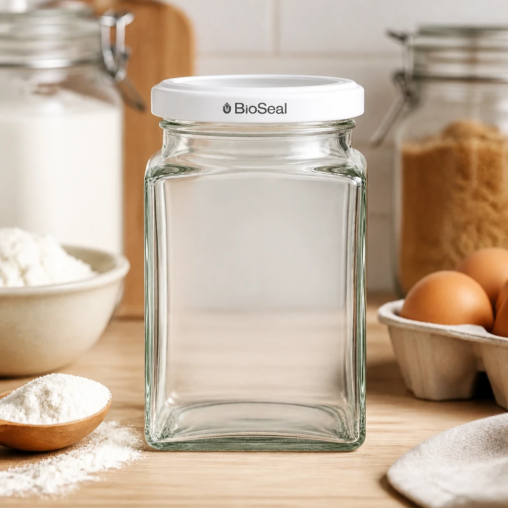 Frasco tetra de 260 ml + tampa BioSeal branca UNiTWIST UNiTWIST Tetra260 Glasdose leer auf Holzbrett Küche Backzutaten Eier Mehl weißer TO58 BioSeal Deckel Backen