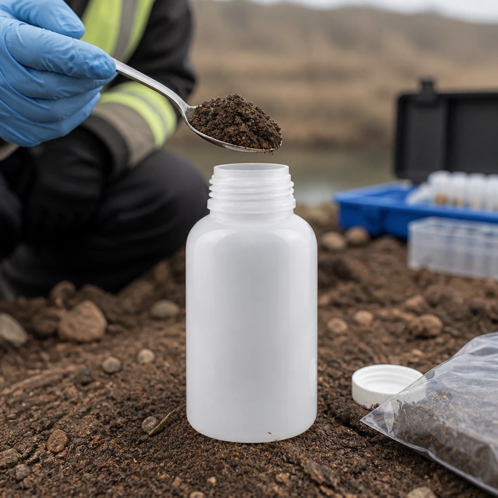 Recolha de amostras no terreno com um frasco de laboratório de gargalo largo de 500 ml durante o enchimento de amostras de solo ao ar livre
