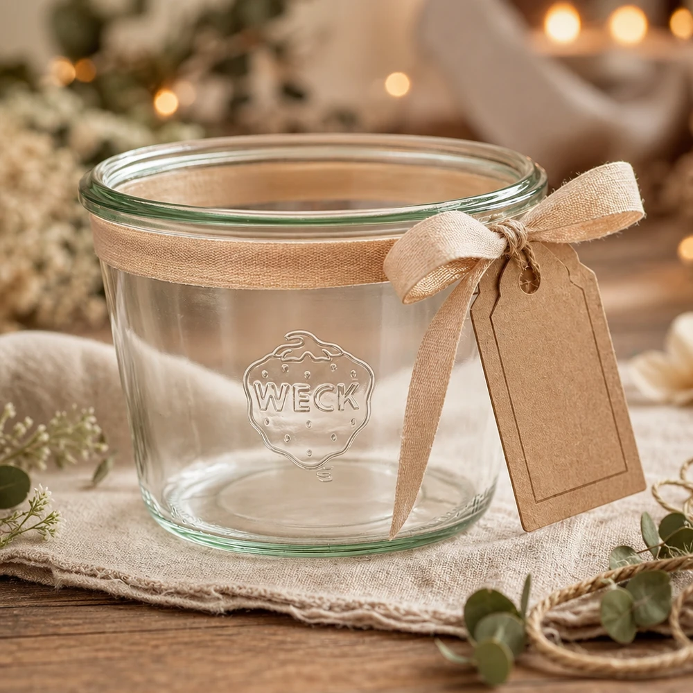 Copos WECK 370ml RR100 decorados com fita e pendente numa mesa de madeira rústica