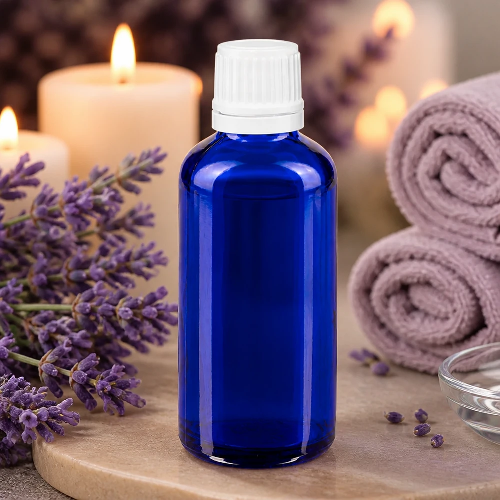 Frasco de vidro azul de 50 ml com tampa conta-gotas branca, entre flores de lavanda e velas