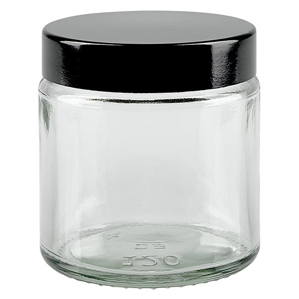 Frasco de vidro de 120ml. transparente, com tampa de baquelite preta ApoGlas Frasco de vidro de 120ml. transparente, com tampa de baquelite preta ApoGlas