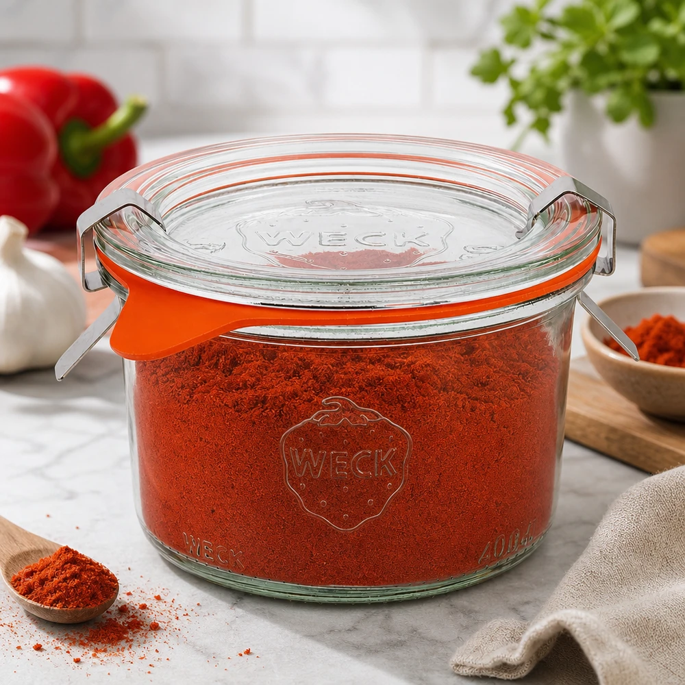 Os copos WECK de 200 ml RR80 cheios de paprica em pó mostram a arrumação perfeita das especiarias na cozinha moderna