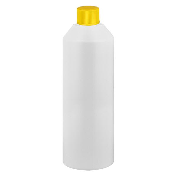 Frasco de farmácia HDPE 250ml branco, com tampa de rosca amarela