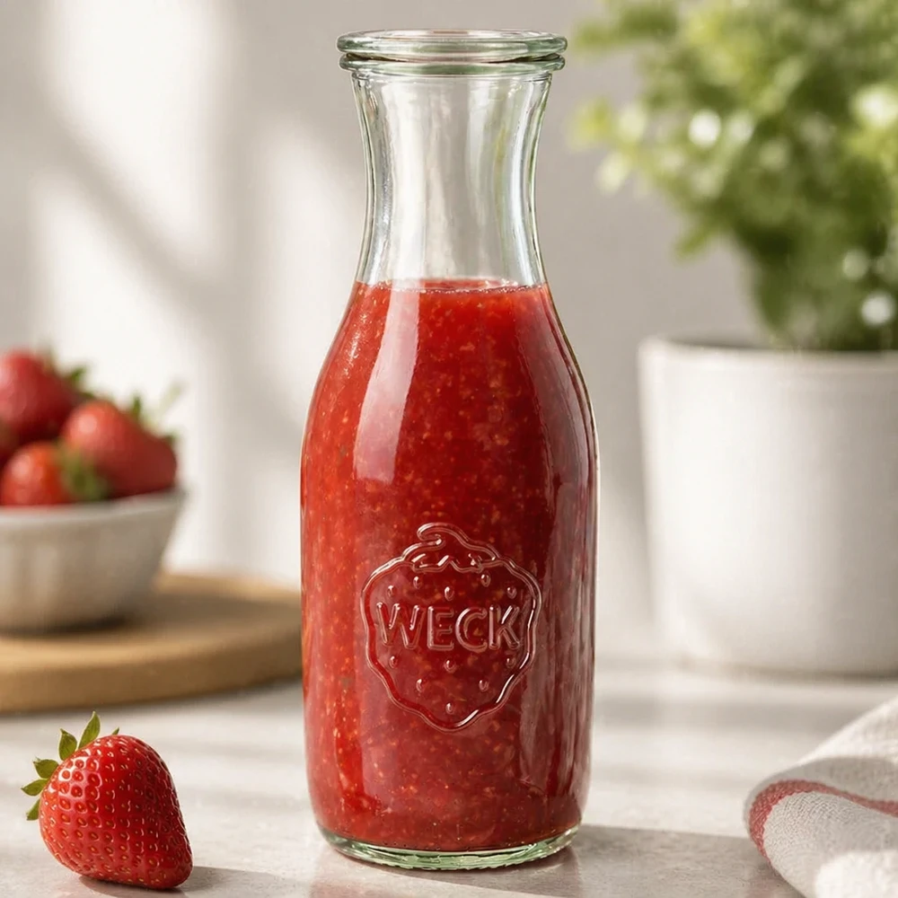 Garrafa de sumo WECK de 1062 ml cheia de sumo de morango fresco no balcão da cozinha ao lado de um morango e de uma planta