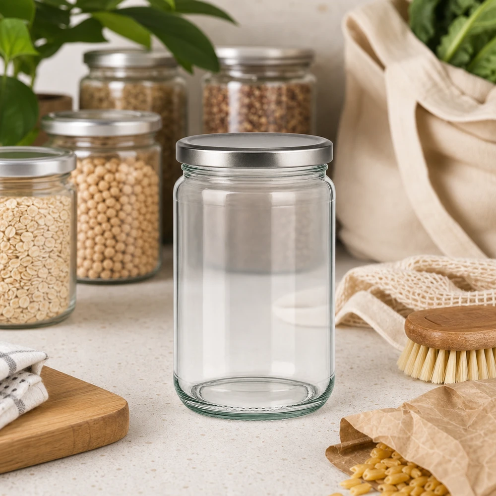 Frasco redondo de 305 ml vazio com tampa BasicSeal em cozinha sustentável sem resíduos com frascos de arrumação e produtos ecológicos