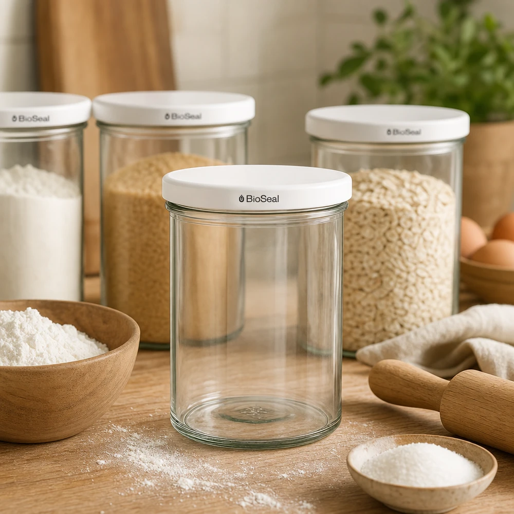UNiTWIST Lintel435 frasco vazio com tampa branca TO82 BioSeal em ambiente natural de cozinha com frascos de arrumação