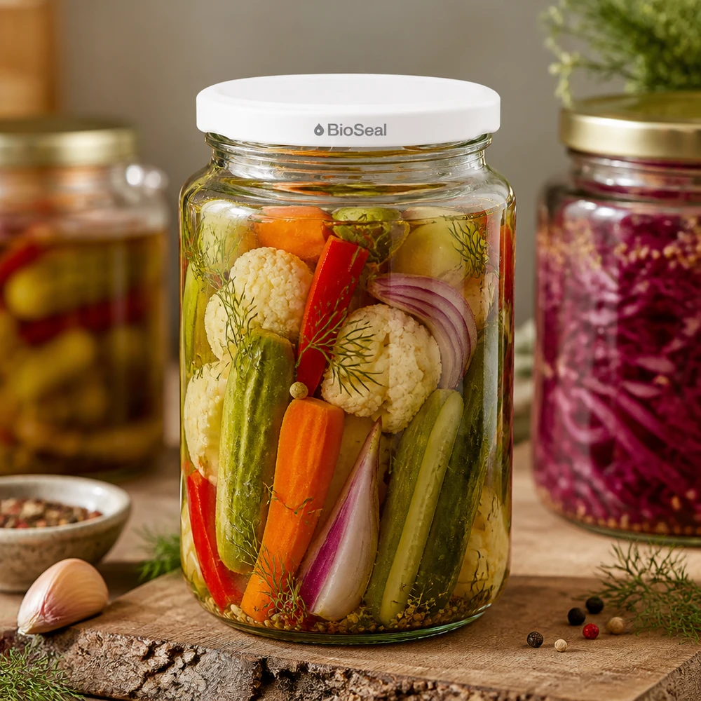 UNiTWIST Runda382 com tampa TO66 BioSeal branca Frasco UNiTWIST Runda382 cheio de legumes em conserva - Pickles mistos em frasco de conserva com tampa BioSeal branca