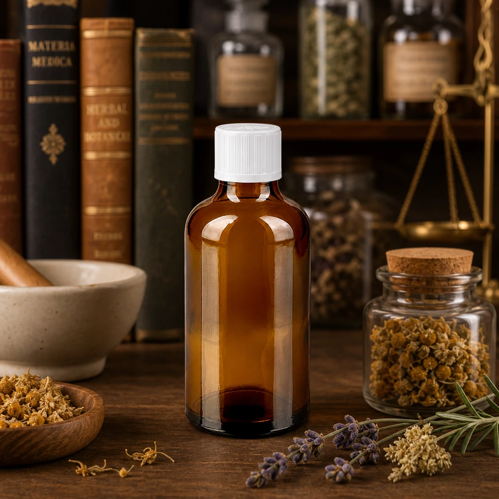 Frasco de farmácia de vidro castanho de 50 ml com tampa de segurança para crianças branca, entre livros sobre ervas e ervas medicinais