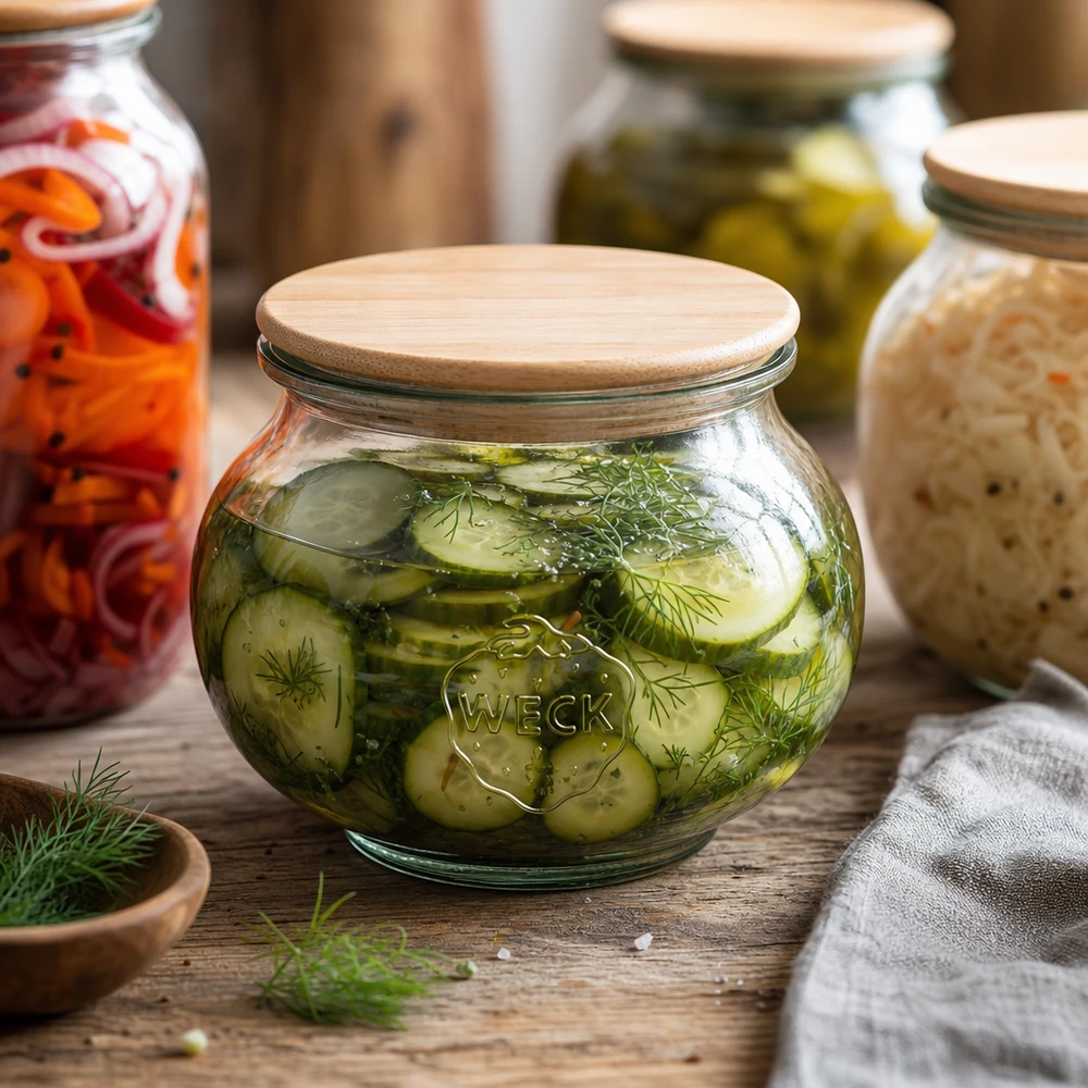 Frasco decorativo WECK 560ml RR80 com tampa de madeira cheio de pepino em conserva e endro numa cozinha de fermentação rústica