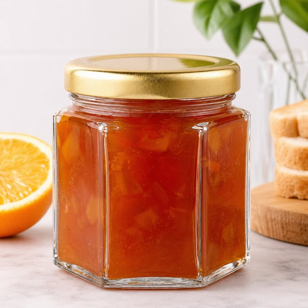 Frasco de mel de 60g hexagonal recheado com marmelada de laranja ao lado de laranja fatiada e pão torrado