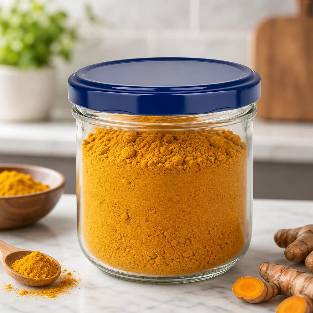 O frasco de conserva de 260 ml cheio de curcuma em pó mostra a utilização prática da tampa azul UNiTWIST para guardar especiarias.