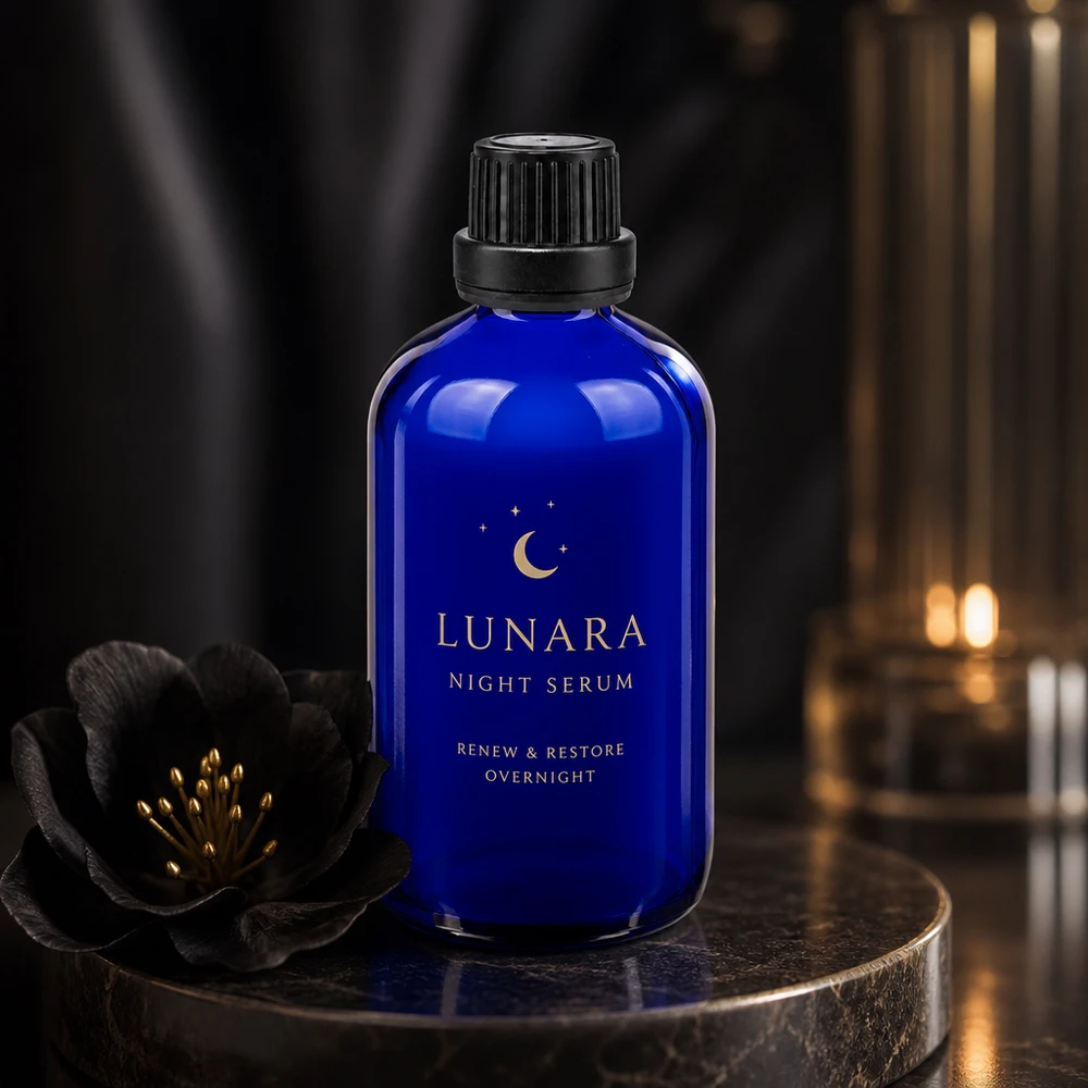 Frasco de vidro azul de 100 ml com tampa conta-gotas preta, para embalagem de sérum noturno