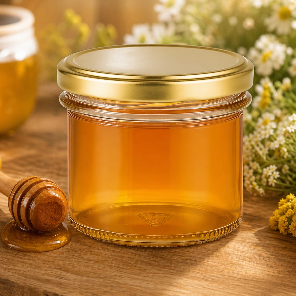 Copos de vidro de 125 ml com tampa BasicSeal dourada UNiTWIST 125ml Sturzglas gefüllt mit goldgelbem Honig neben Honiglöffel und Blumen - perfekt für Imkerei und Geschenke