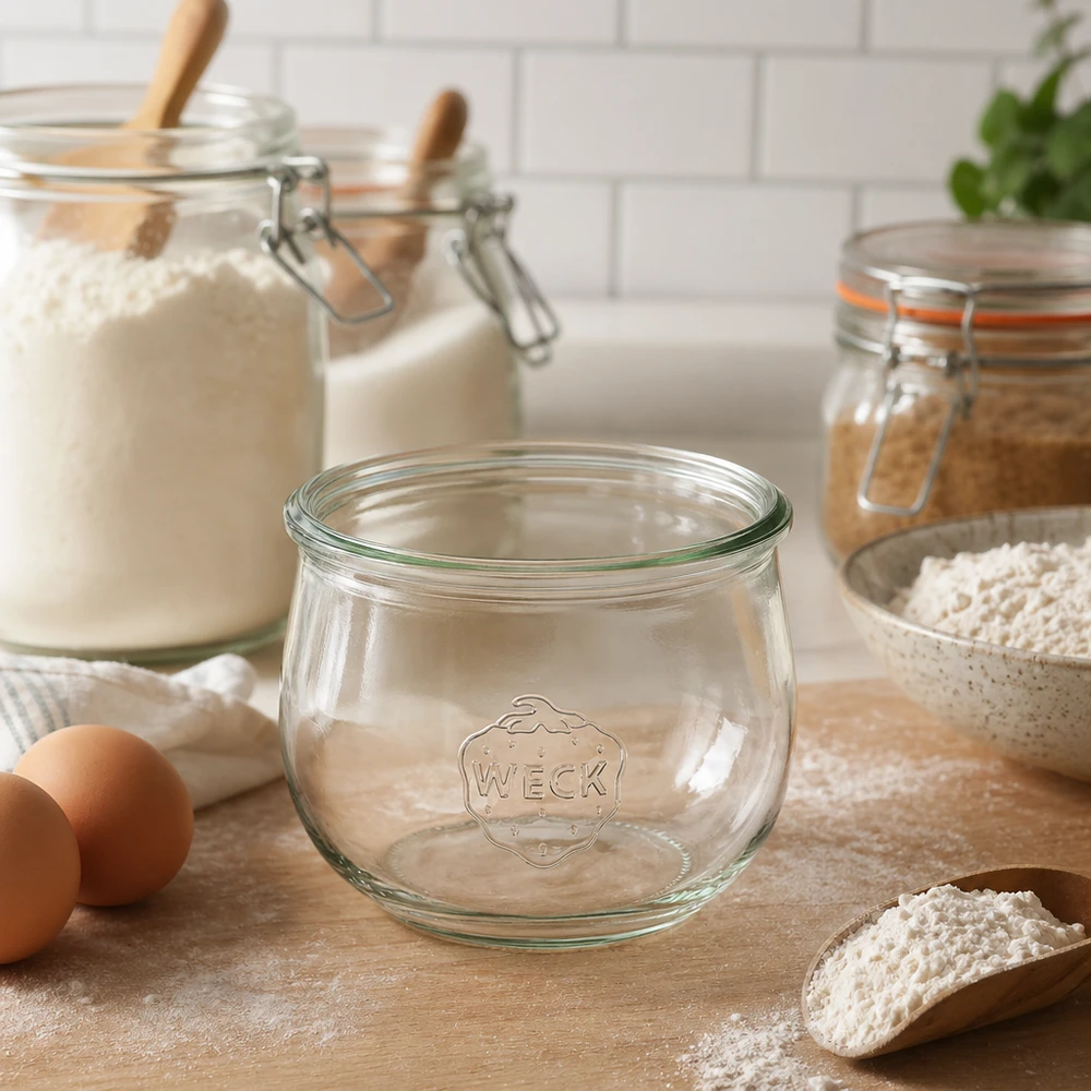Frasco em forma de tulipa WECK RR100 de 580 ml Frasco tulipa WECK 580ml RR100 na cozinha com farinha, ovos e frascos de arrumação sobre bancada de madeira