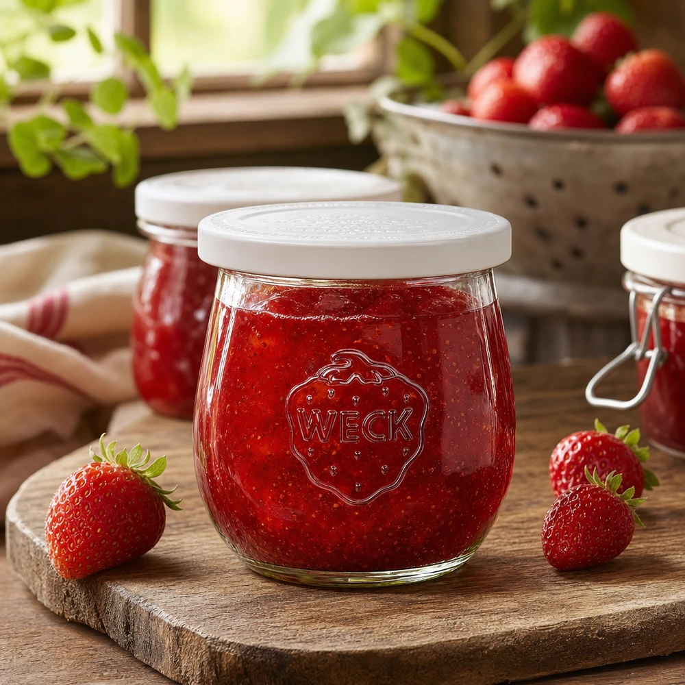 Frasco em forma de tulipa de 220 ml com tampa de conservação WECK RR60 Frasco tulipa WECK 220ml RR60 cheio de compota de morango numa tábua de madeira - frasco de conserva decorado num estilo de cozinha rústico