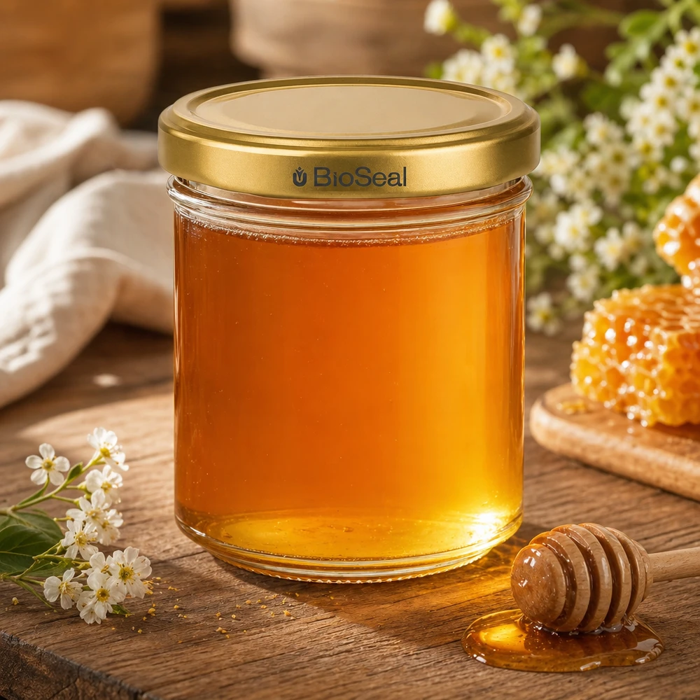 200g Honigglas mit goldenem Deckel BioSeal UNiTWIST Frasco de mel BioSeal 200g cheio de mel dourado Colher de mel Flores em favo de mel Decoração rústica em madeira