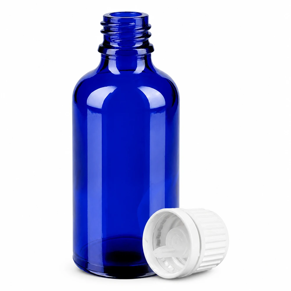 Frasco conta-gotas de 50 ml em vidro de alta qualidade em azul-cobalto com conta-gotas de 0,7 mm de abertura UT18/50