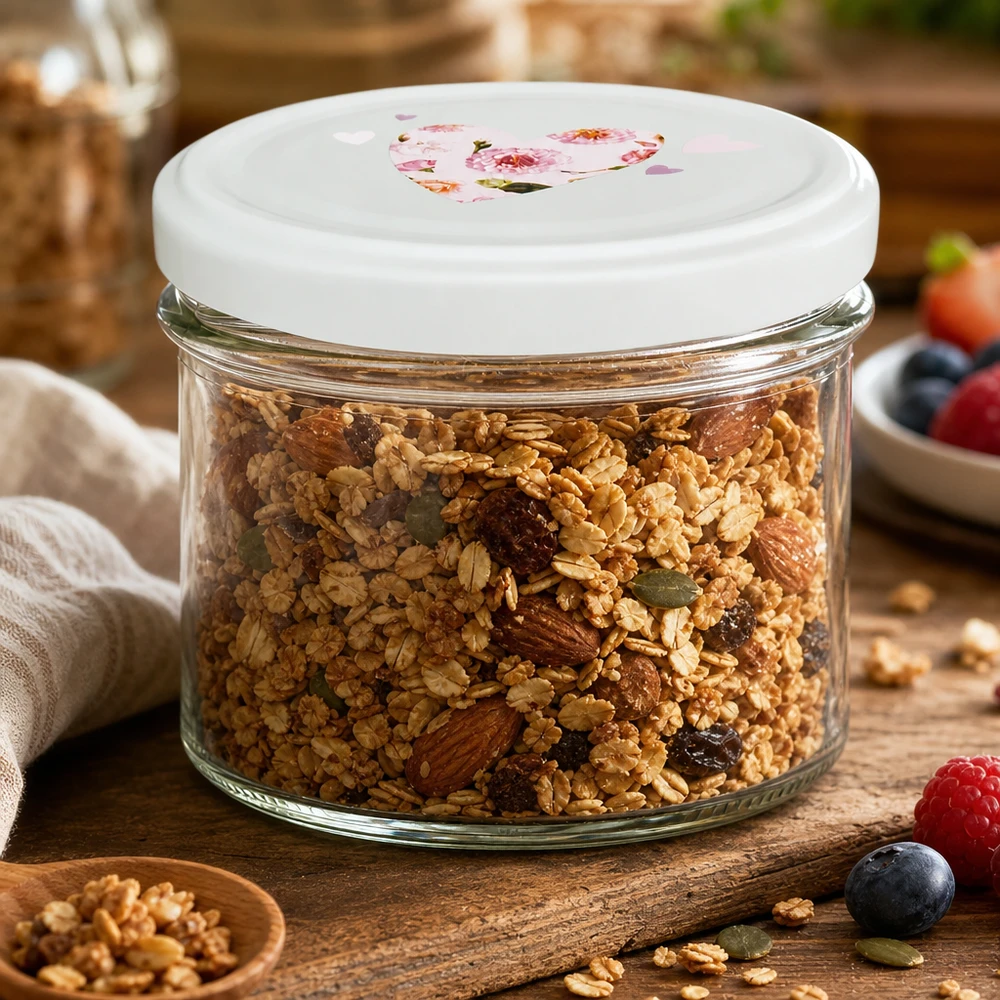 O frasco com tampa BasicSeal de 225 ml com hortelã, cheio de muesli e frutos secos, demonstra uma retenção hermética da frescura