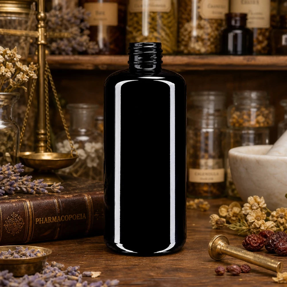 Frasco de vidro violeta 200ml 410/24 Frasco de cosméticos Draco de 200 ml em vidro violeta de alta qualidade com forma cilíndrica fina para aplicações profissionais