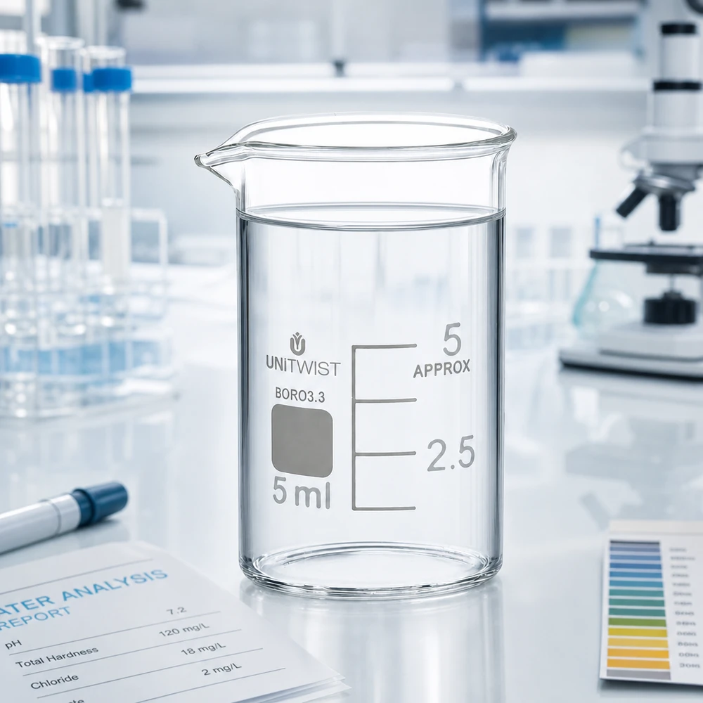 Copo de 5 ml em borossilicato, forma baixa UNiTWIST Copo de vidro UNiTWIST de 5 ml, borossilicato 3.3, formato baixo, com relatório de análise da água realizado em laboratório