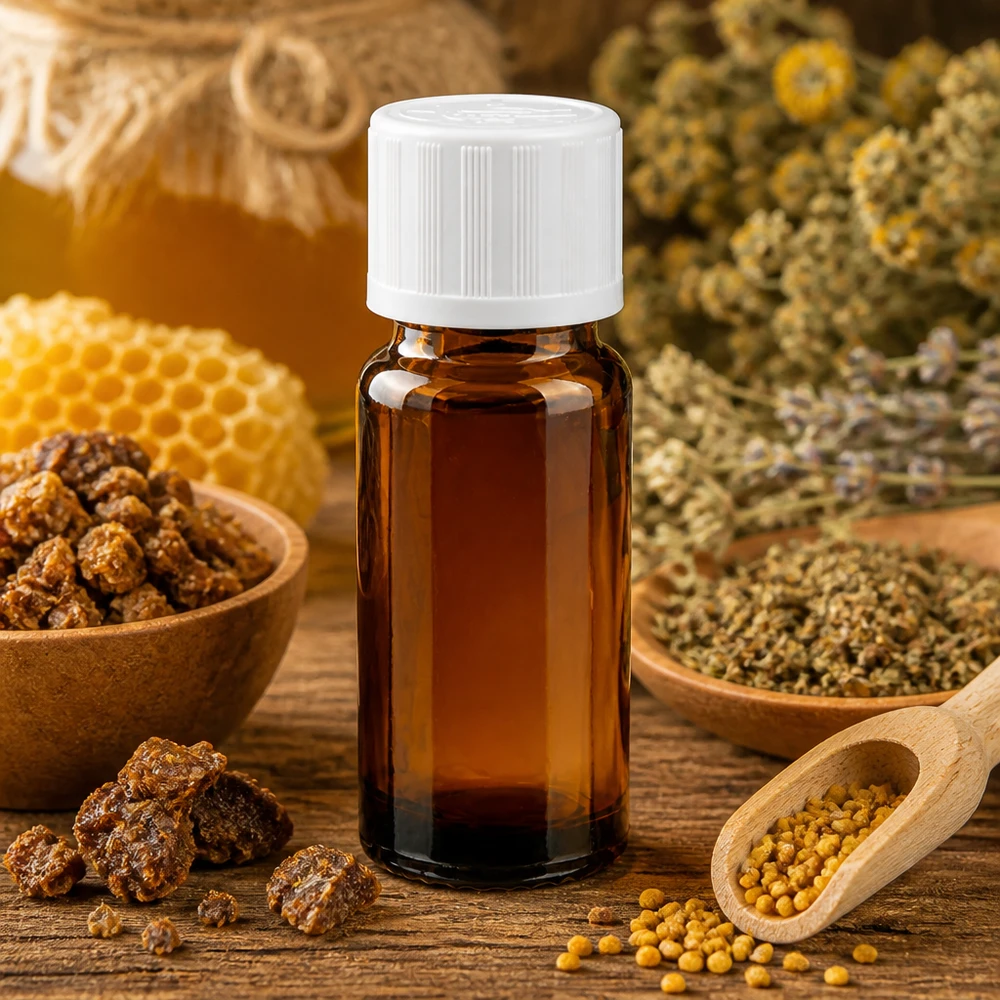 Frasco de farmácia castanho de 10 ml com tampa de segurança para crianças branca, ao lado de favos de mel e própolis