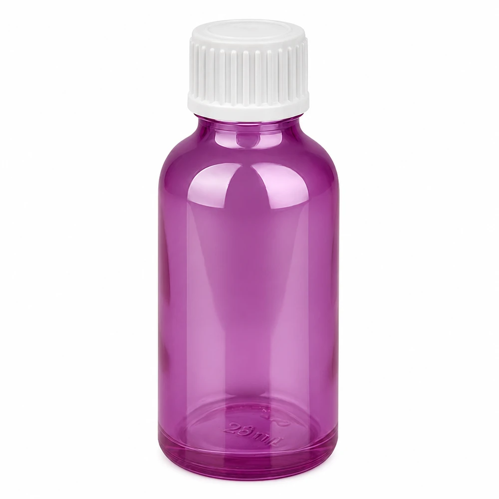 Frasco conta-gotas de 30 ml com tampa de rosca de 0,9 mm branca padrão PurpleLine. UT18/30 Frasco conta-gotas de 30 ml em roxo com tampa branca e abertura do conta-gotas de 0,9 mm para uma dosagem precisa