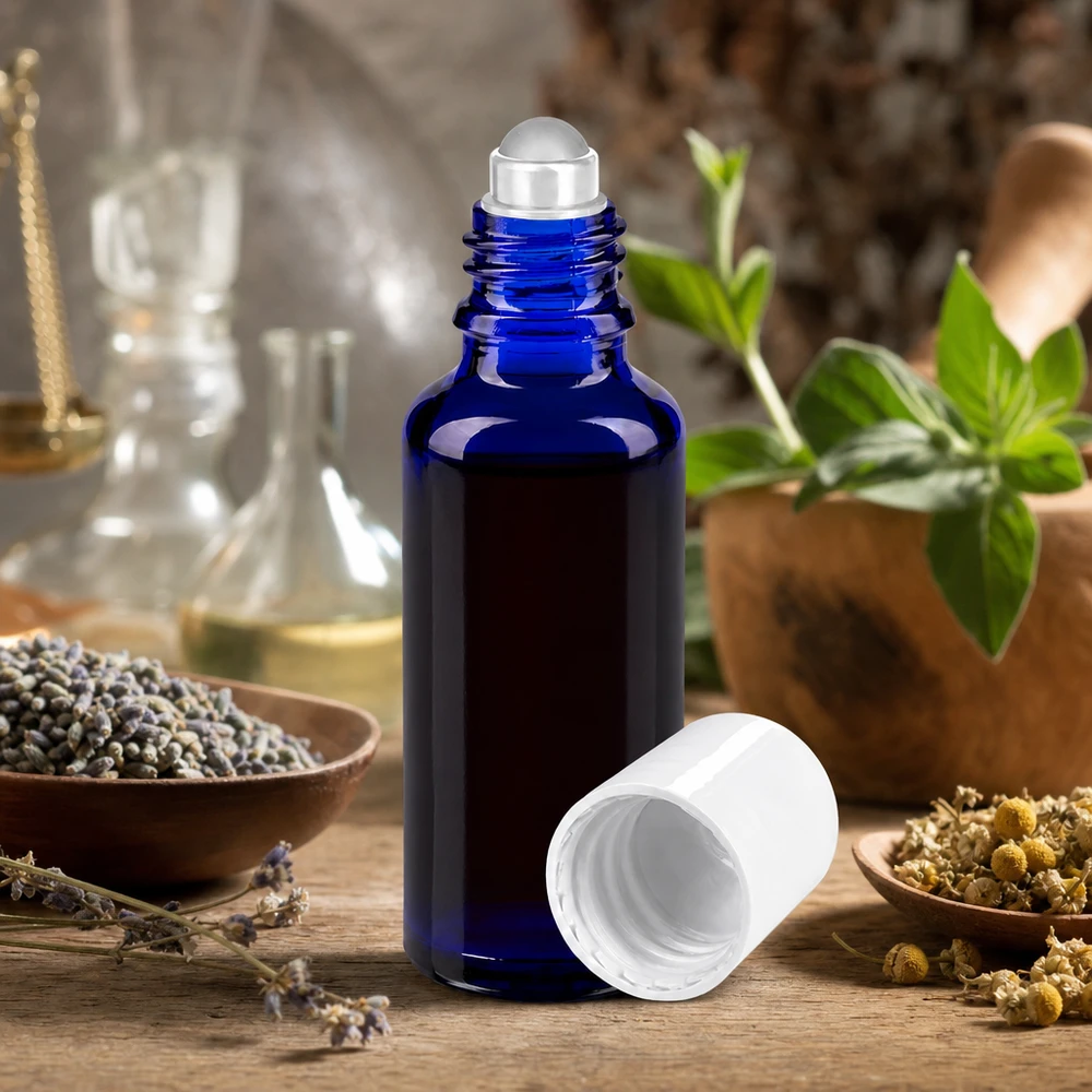 Frasco roll-on azul de 30 ml, modelo STD, em vidro de farmácia, com tampa branca, entre ervas aromáticas e lavanda