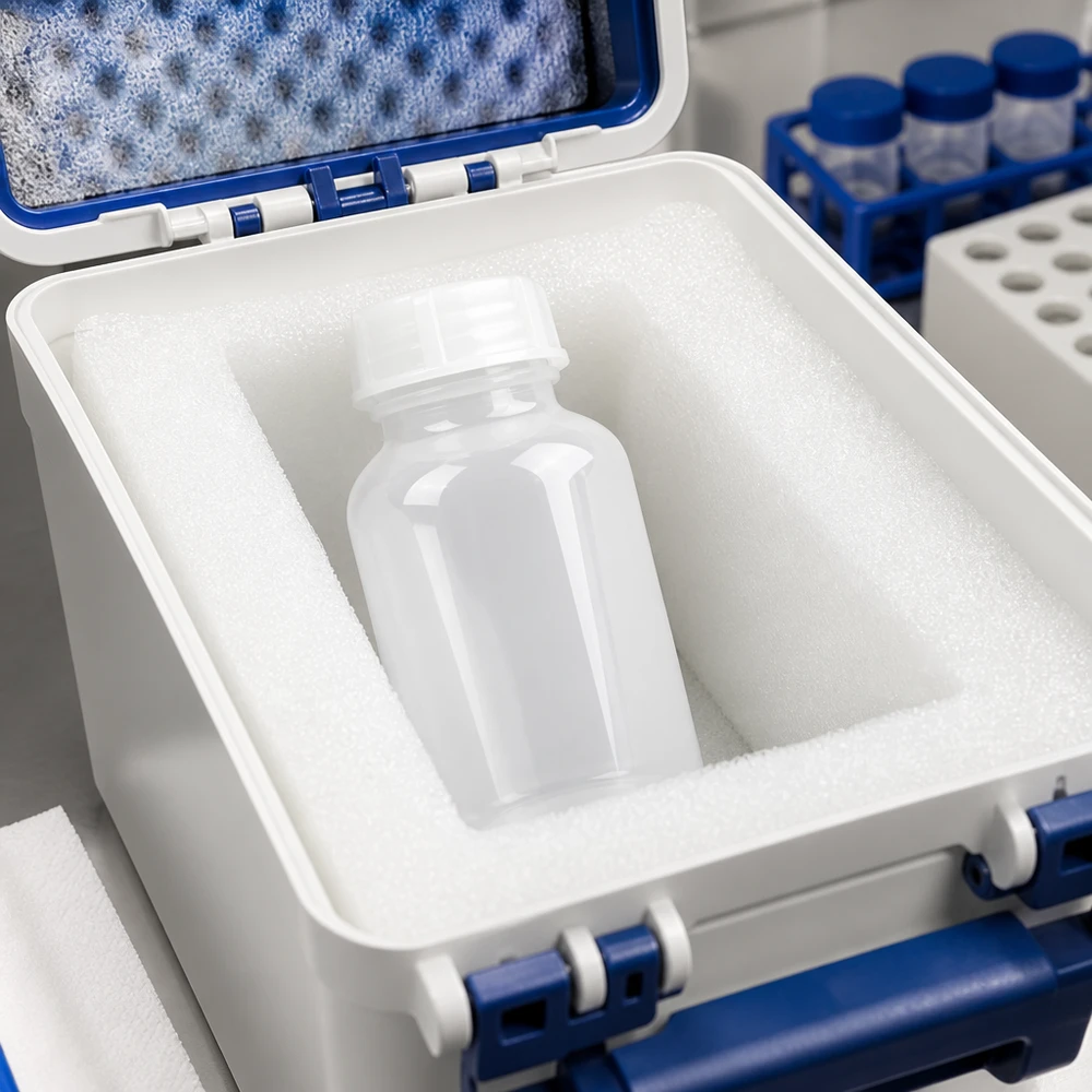 Frasco de laboratório de gargalo largo de 100 ml com tampa de rosca, dentro de um revestimento de espuma numa mala de transporte